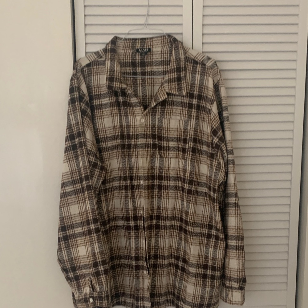 Boohoo Men's Plaid Shirt in Brown and Cream